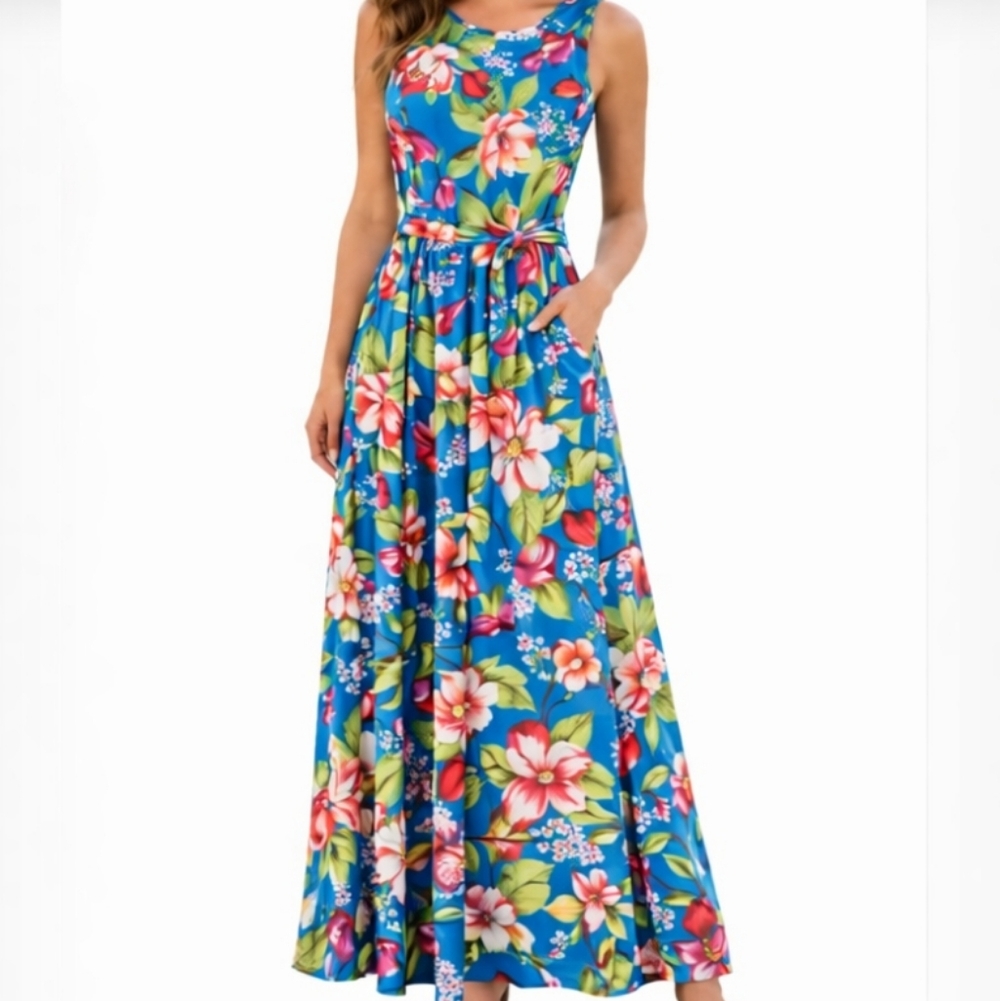 Shelby & Palmer Blue Floral Pink Sleeveless Orange Maxi Dress Medium